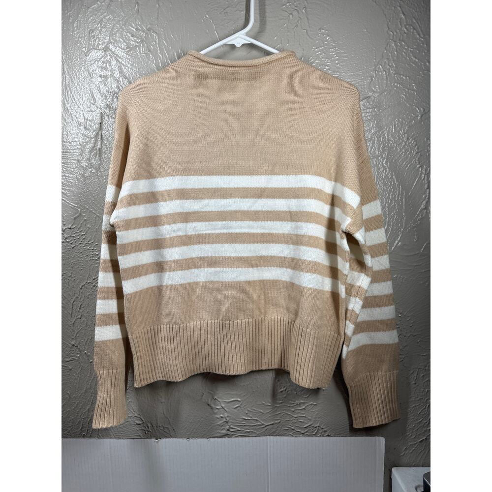 NWT‎ Truth Women Tan White Striped Knit Pullover Sweater Funnel Neck Size Small